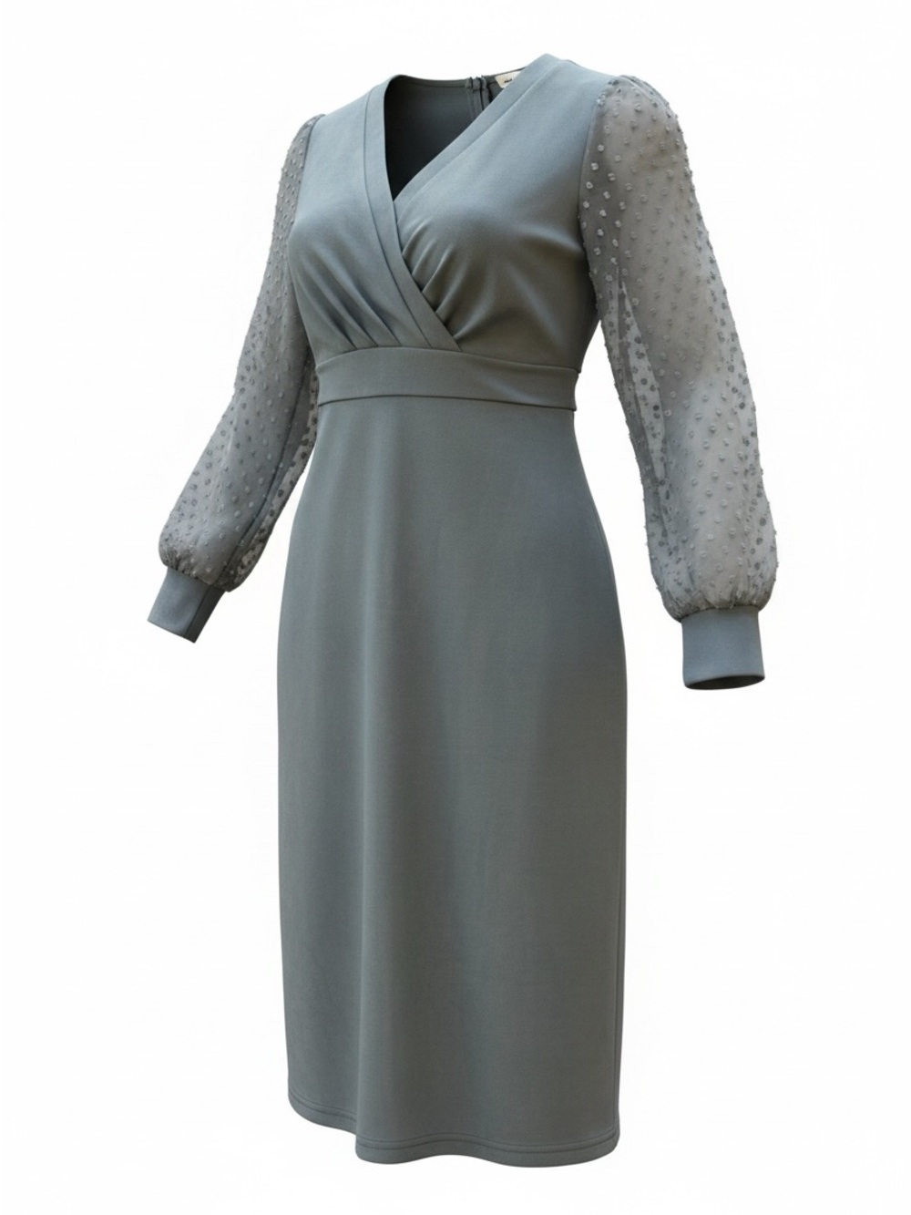 Grace Karin Blue Grey Wrap-Front Midi Dress with Sheer Dotted Sleeves